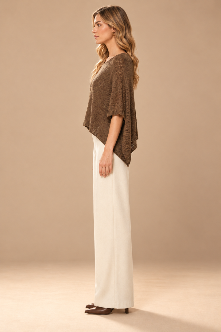 Myra Cropped Poncho Mocha side view on holiday campaign model