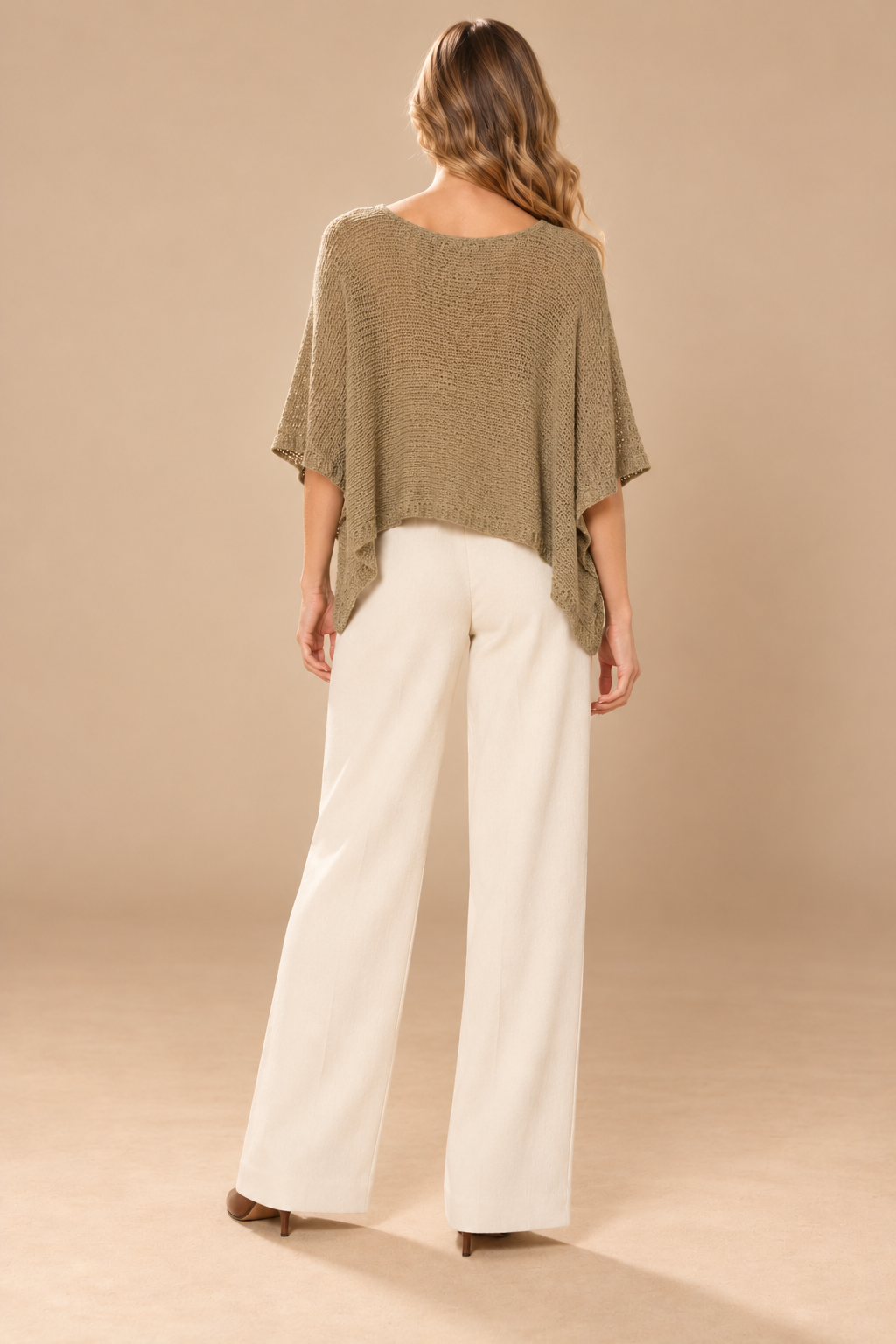 Myra Cropped Poncho Sage back view on holiday campaign model