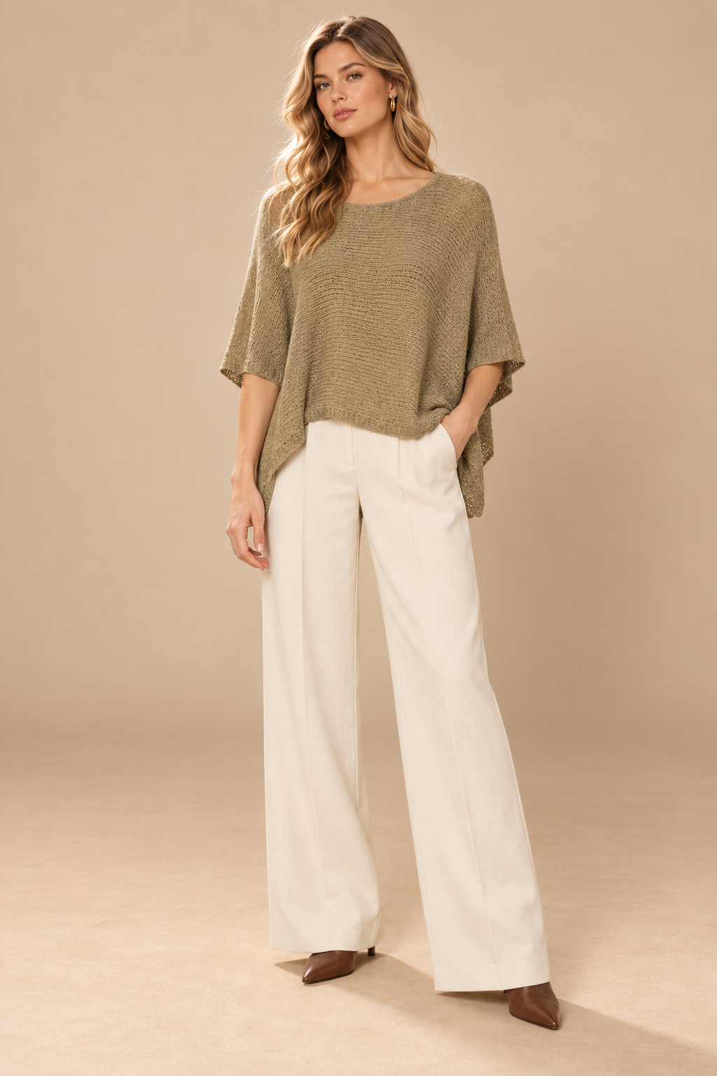 Myra Cropped Poncho Sage front view on holiday campaign model