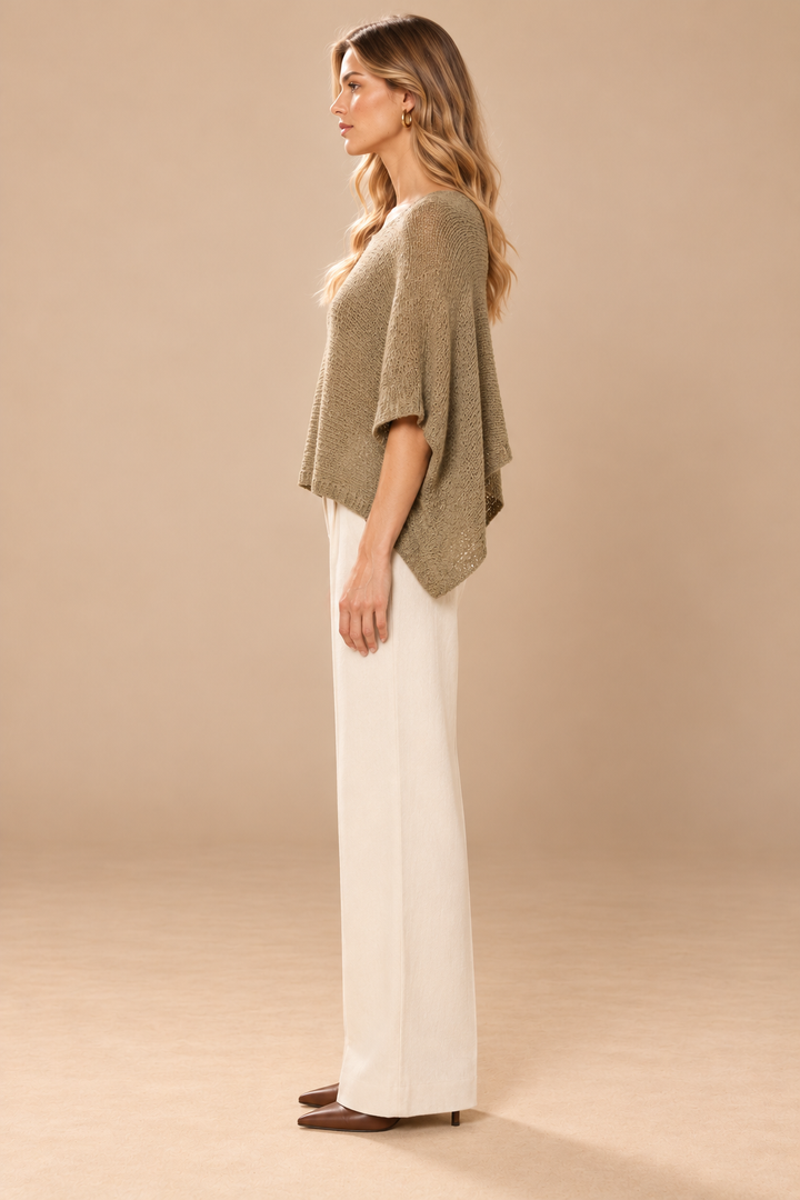 Myra Cropped Poncho Sage side view on holiday campaign model