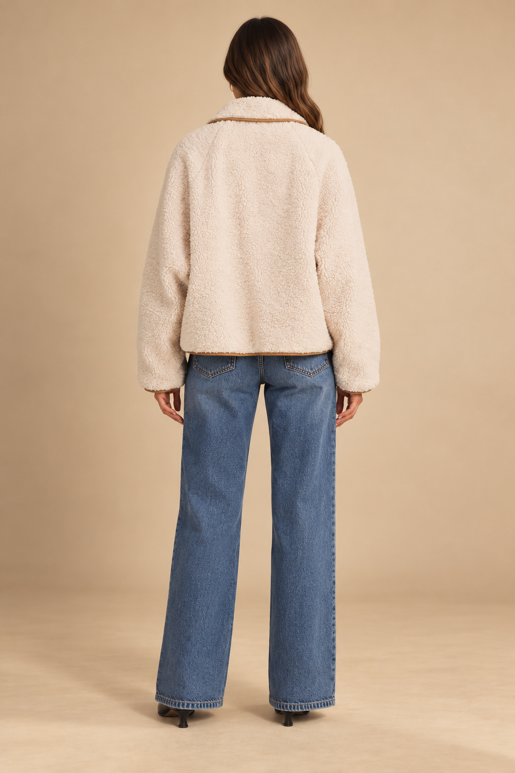 Margaret Reversible Teddy Jacket Cream back view on holiday campaign model