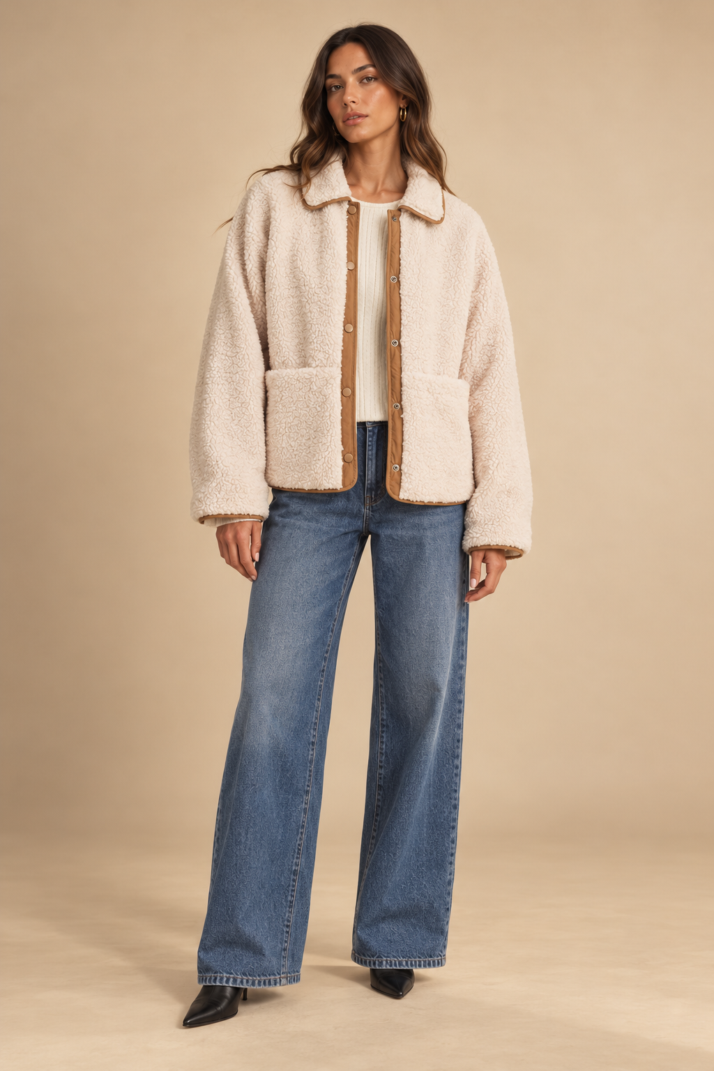 Margaret Reversible Teddy Jacket Cream front view on holiday campaign model