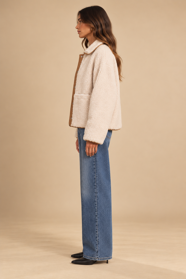 Margaret Reversible Teddy Jacket Cream side view on holiday campaign model