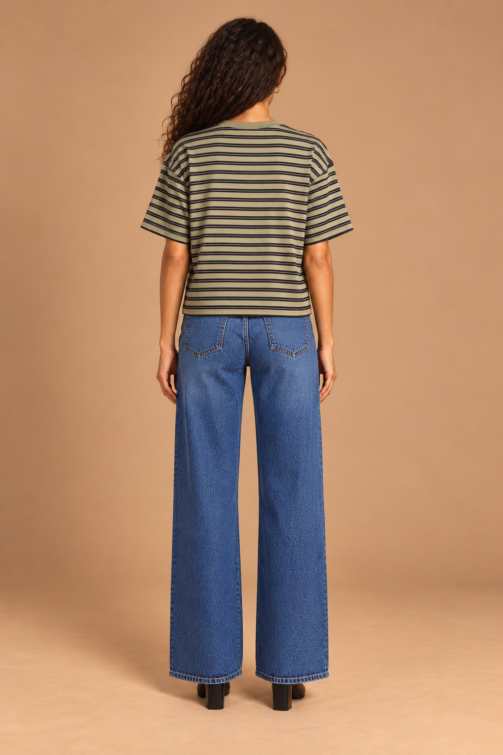 Jenna Double Striped Tee Olive-Navy back view on holiday campaign model