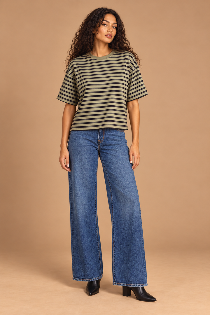 Jenna Double Striped Tee Olive-Navy front view on holiday campaign model