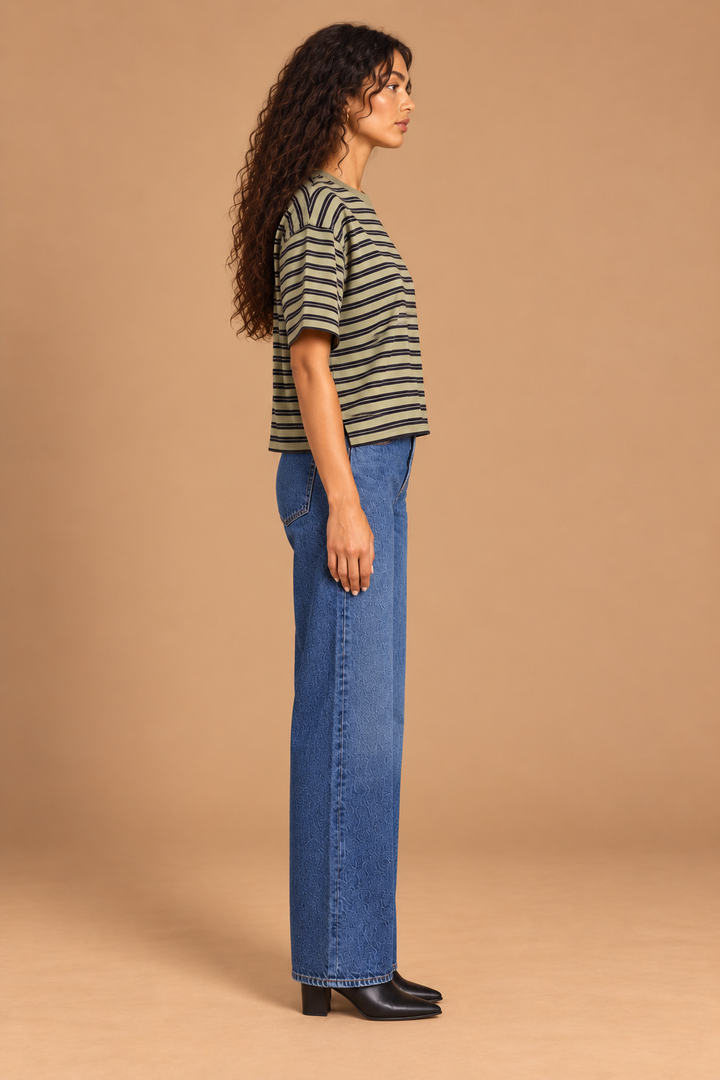 Jenna Double Striped Tee Olive-Navy side view on holiday campaign model