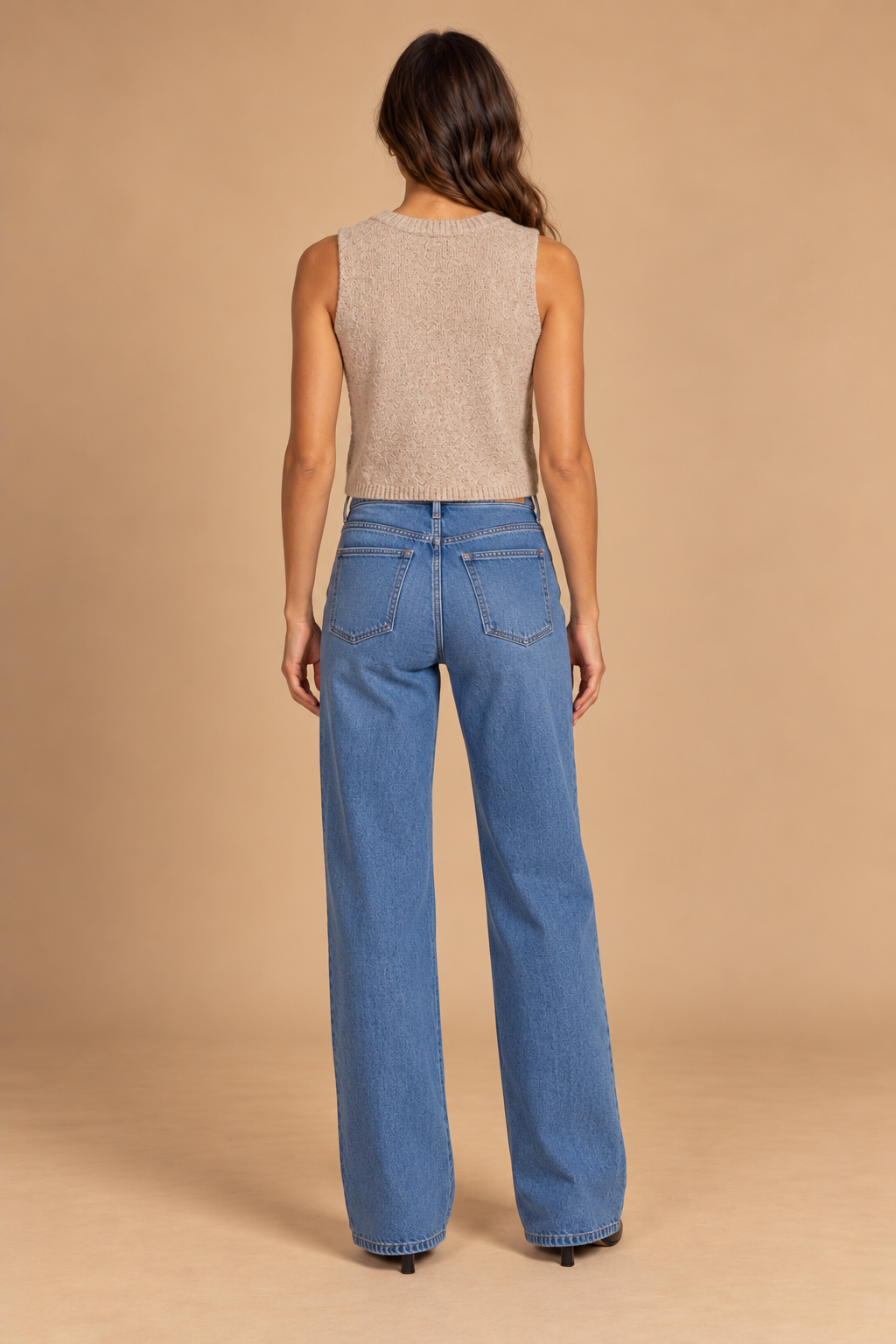 Lauren Vest Cardigan Stone back view on holiday campaign model