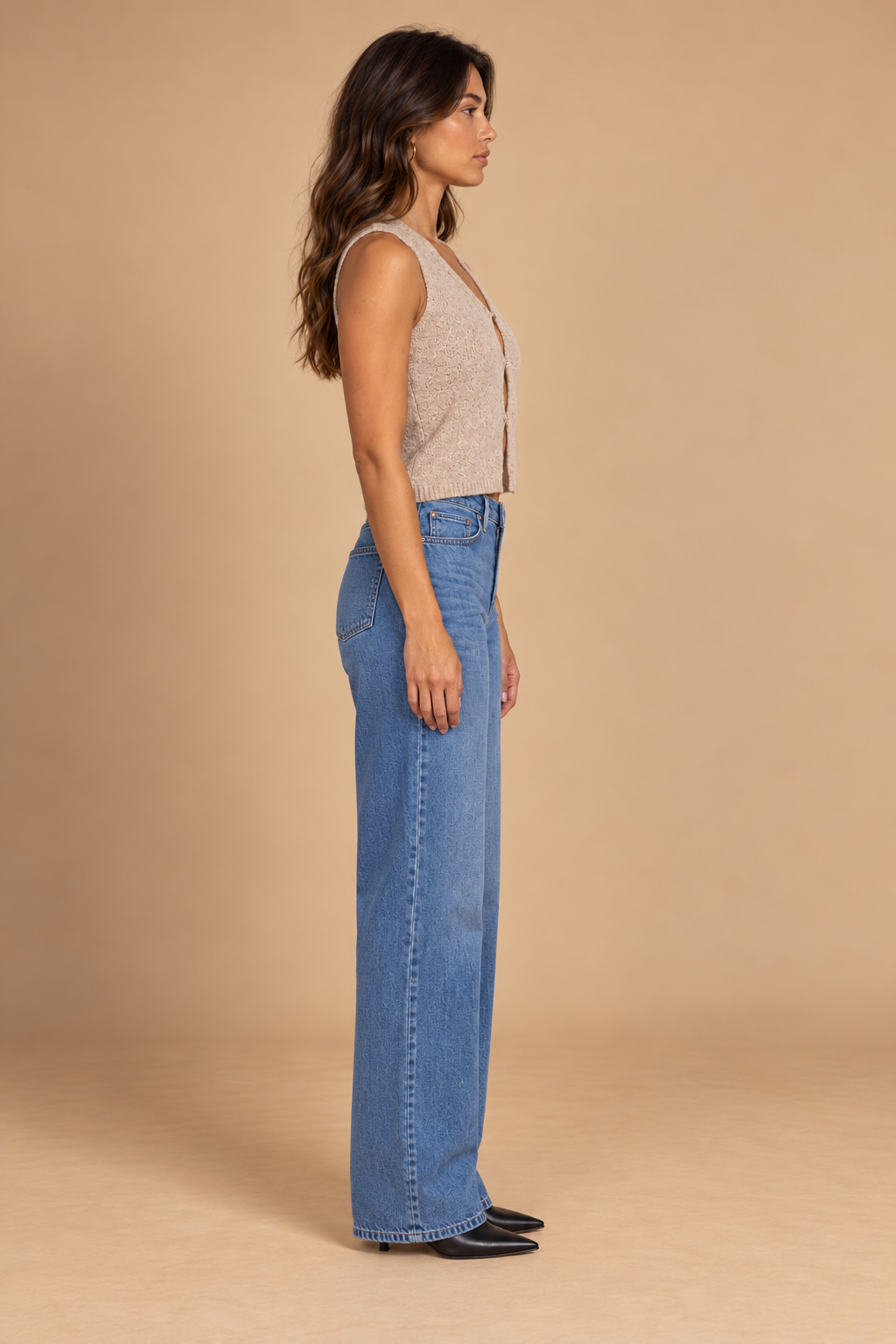 Lauren Vest Cardigan Stone side view on holiday campaign model