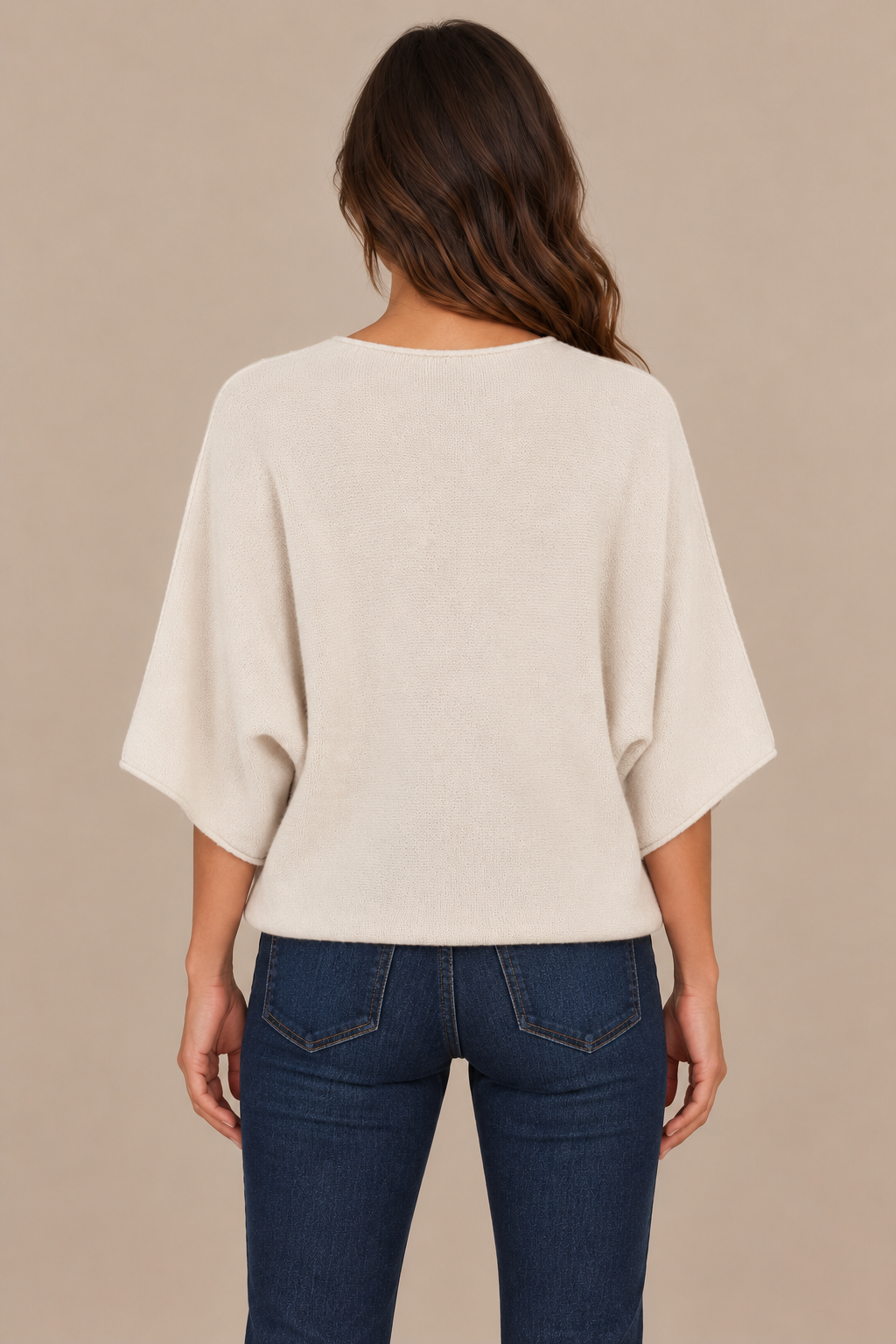 Christine Beige sweater back — correct thin hem, brunette campaign model