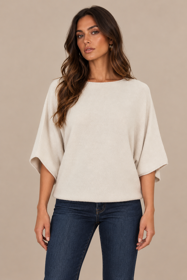 Christine Beige sweater front — correct thin hem, brunette campaign model