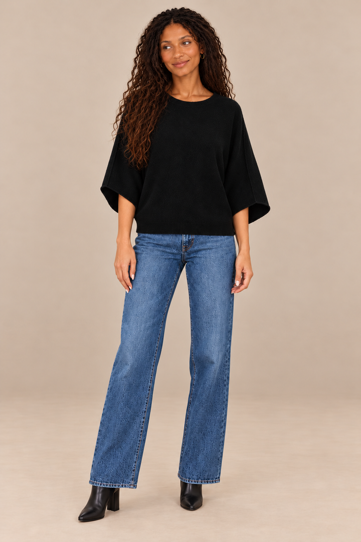 Christine Crewneck Sweater Black front on holiday campaign model