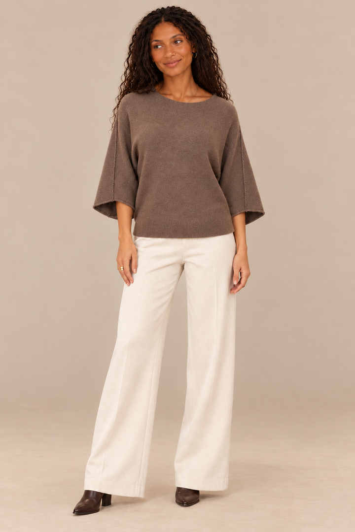 Christine Crewneck Sweater Dark-Mocha front on holiday campaign model