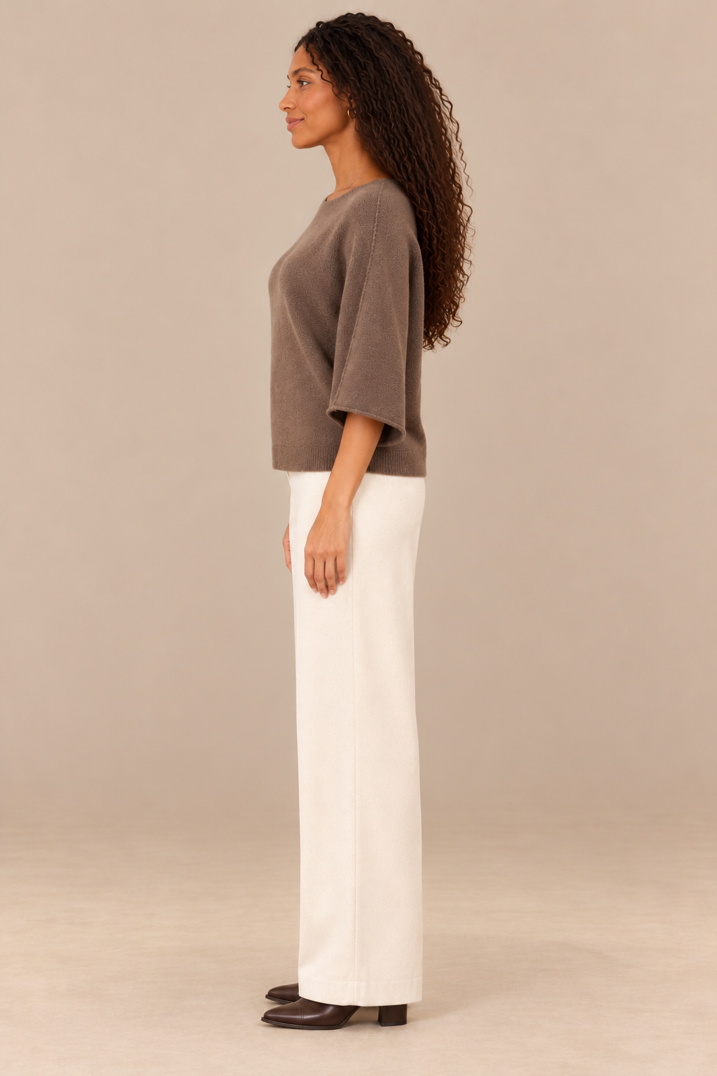 Christine Crewneck Sweater Dark-Mocha side on holiday campaign model