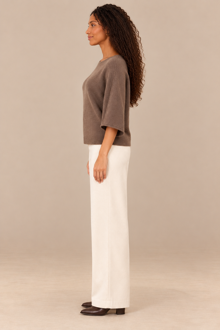 Christine Crewneck Sweater Dark-Mocha side on holiday campaign model