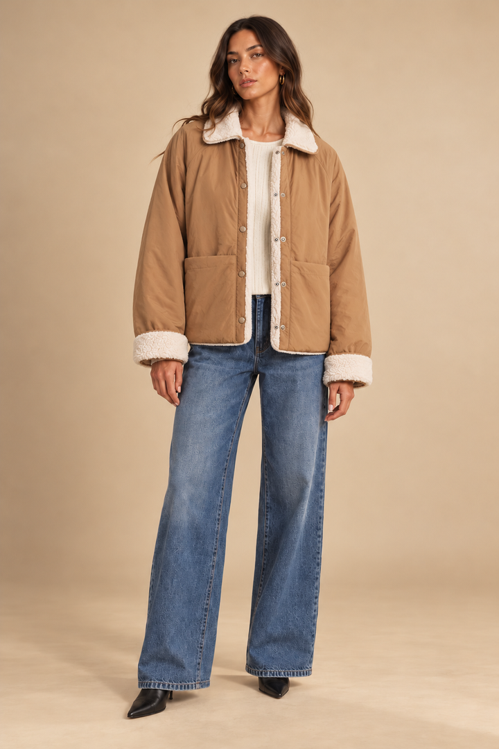 Margaret Reversible Teddy Jacket smooth camel reverse side