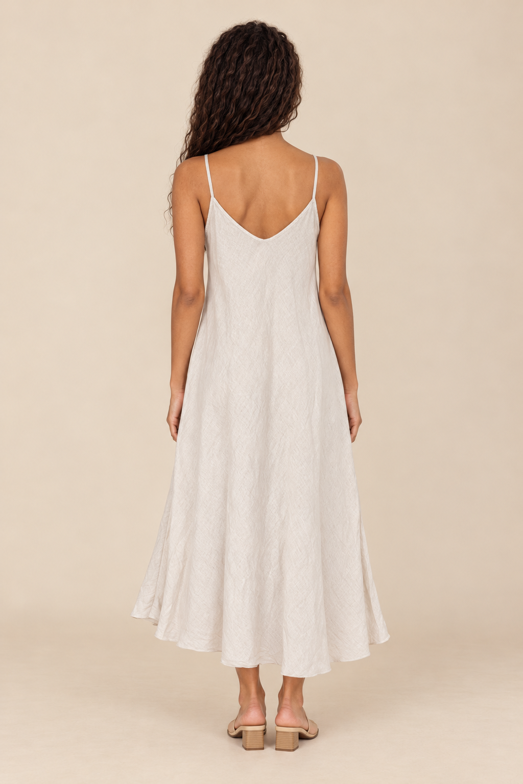 Linen Slip Dress — beige, full body back view