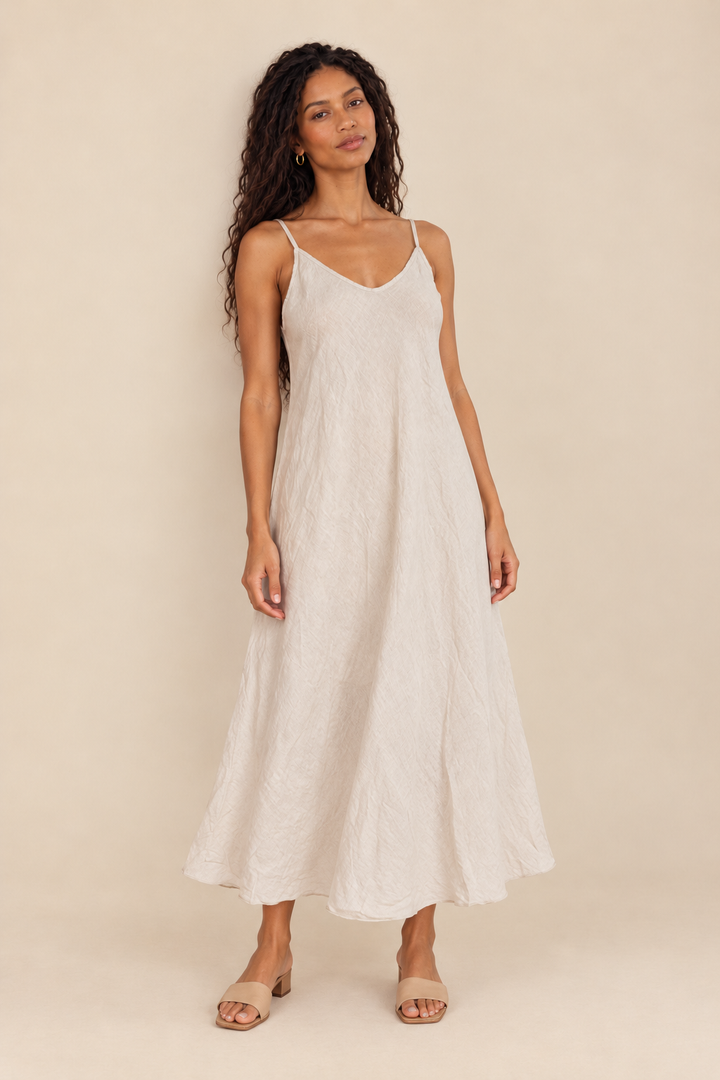 Linen Slip Dress — beige, full body front view