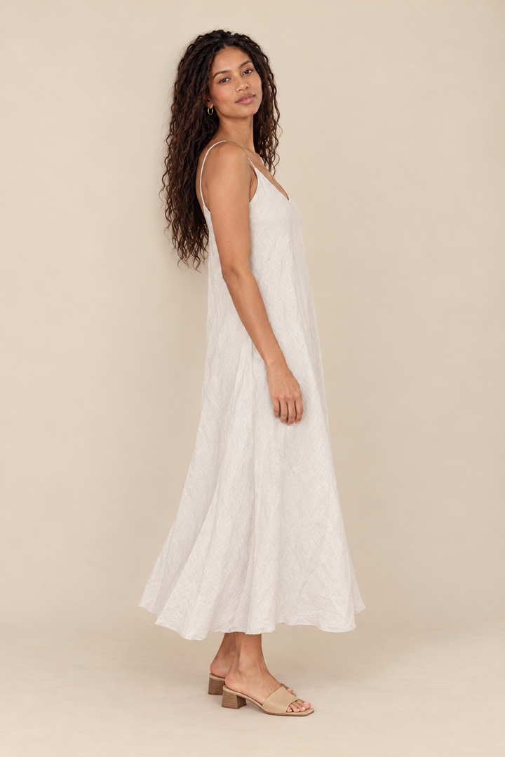 Linen Slip Dress — Beige, full body side view