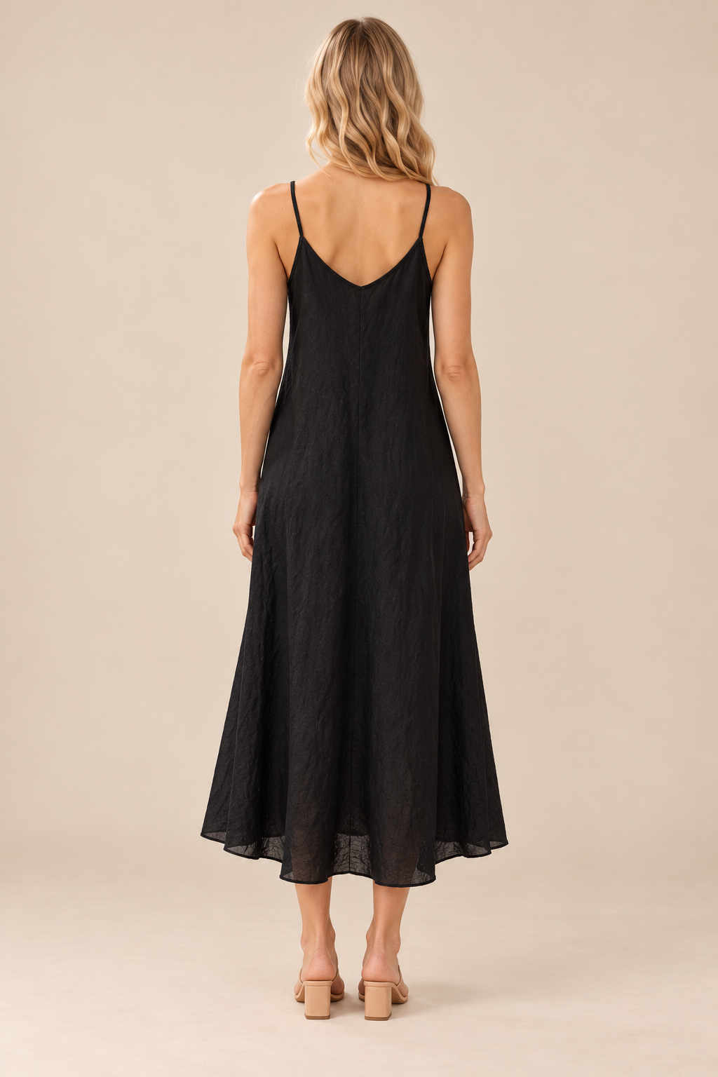 Linen Slip Dress — black, full body back view