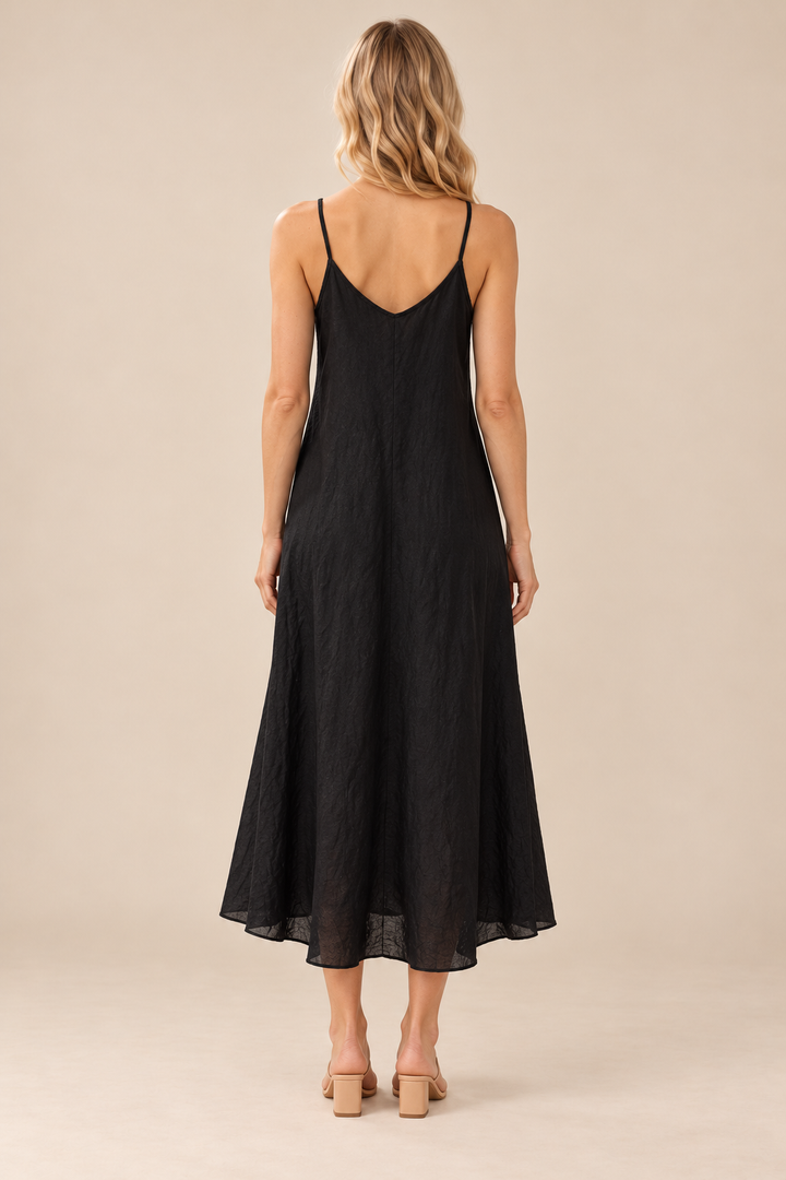 Linen Slip Dress — black, full body back view