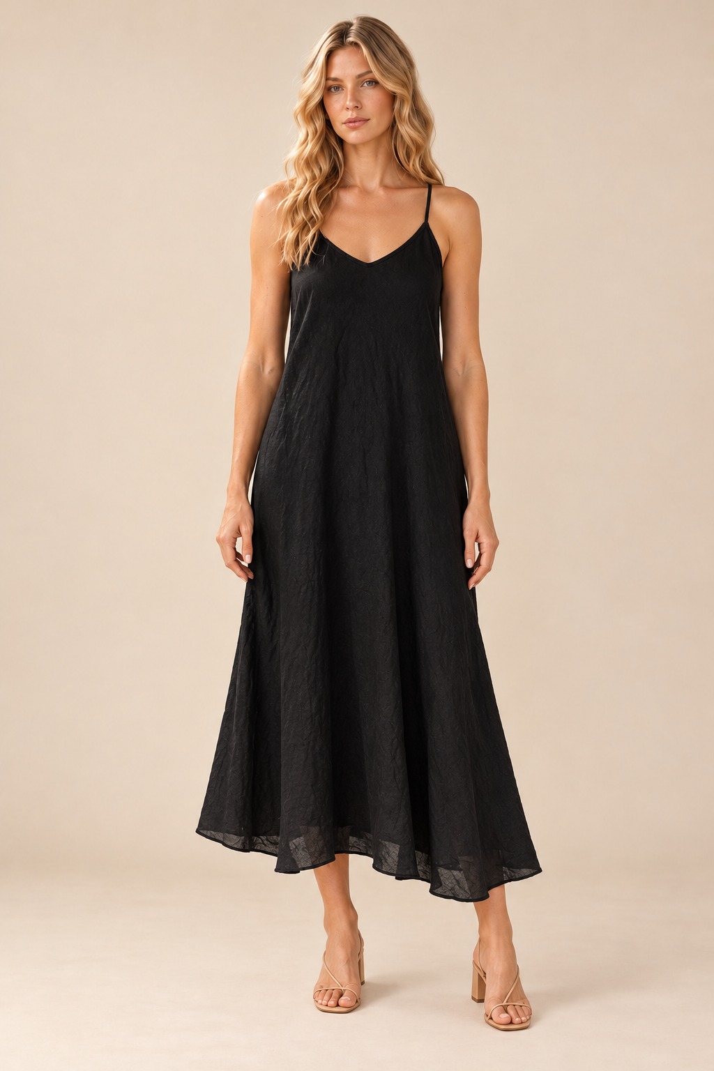 Linen Slip Dress — black, full body front view