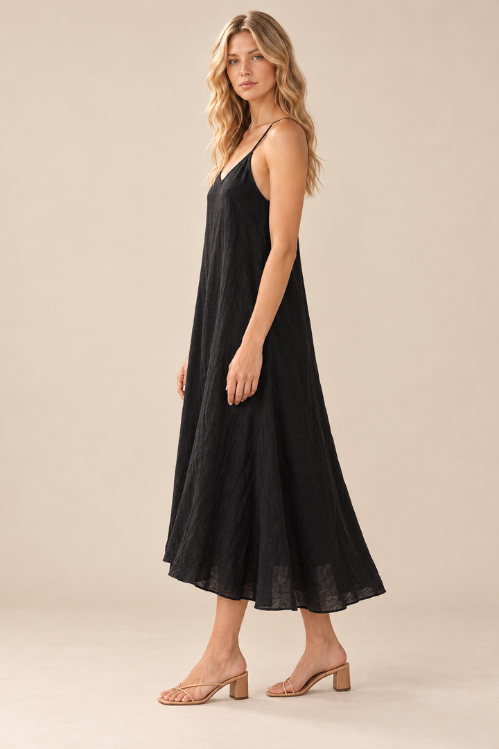 Linen Slip Dress — black, full body side view