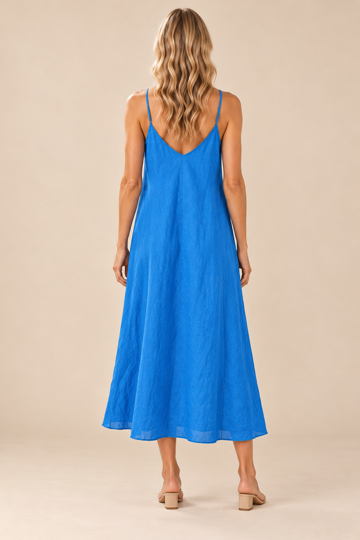 Linen Slip Dress — blue regatta, full body back view