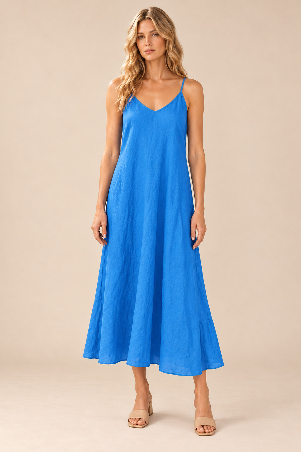 Linen Slip Dress — blue regatta, full body front view