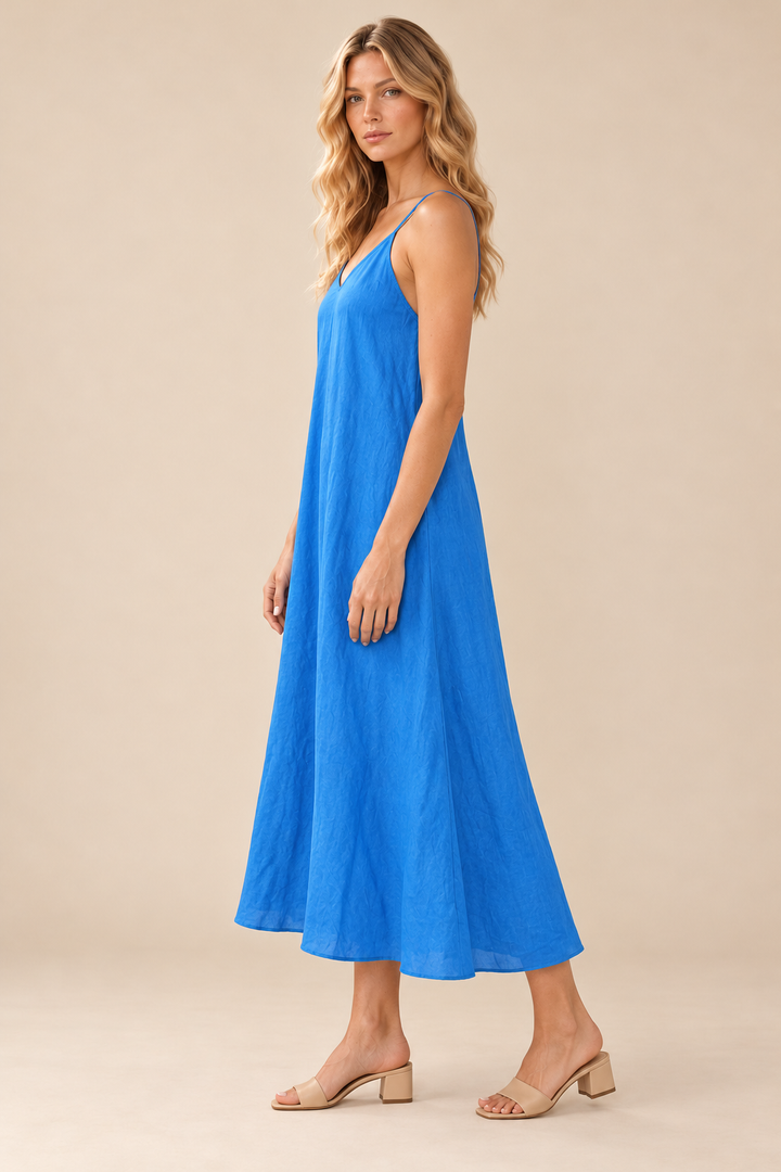 Linen Slip Dress — blue regatta, full body side view