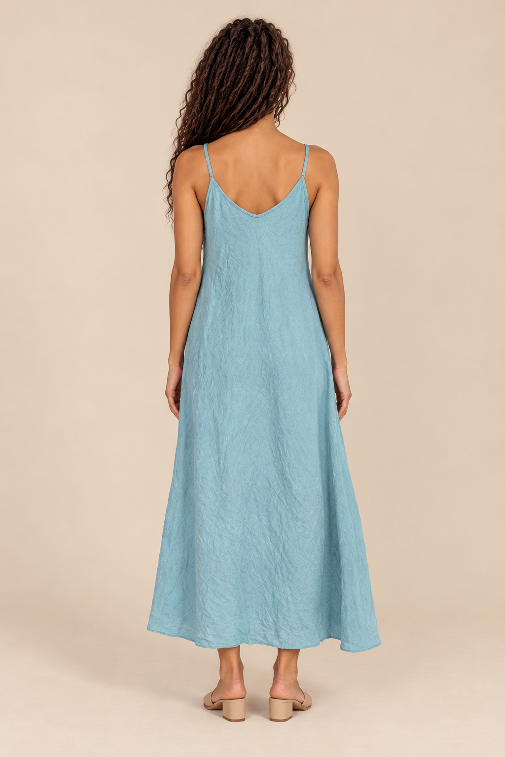 Linen Slip Dress — blue zuccero, full body back view