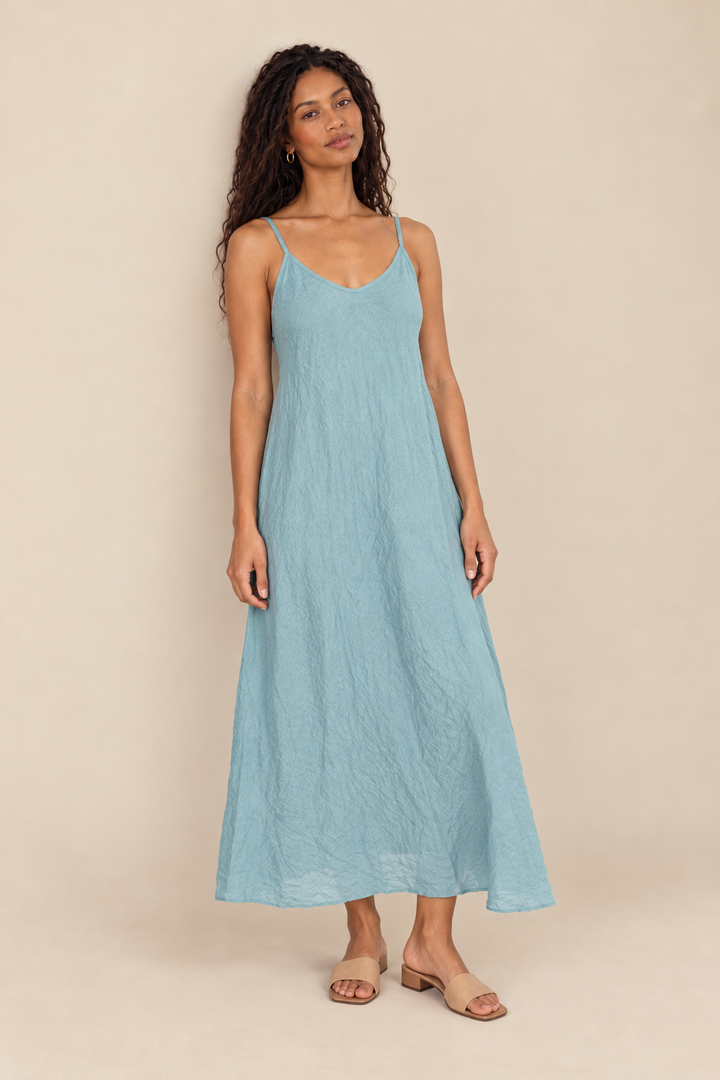 Linen Slip Dress — blue zuccero, full body front view