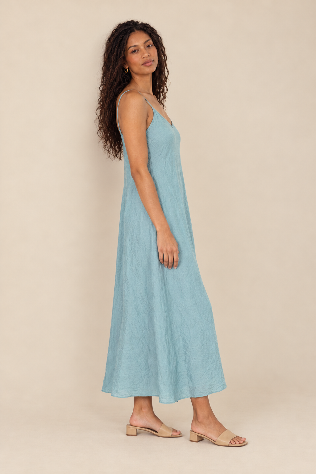Linen Slip Dress — blue zuccero, full body side view