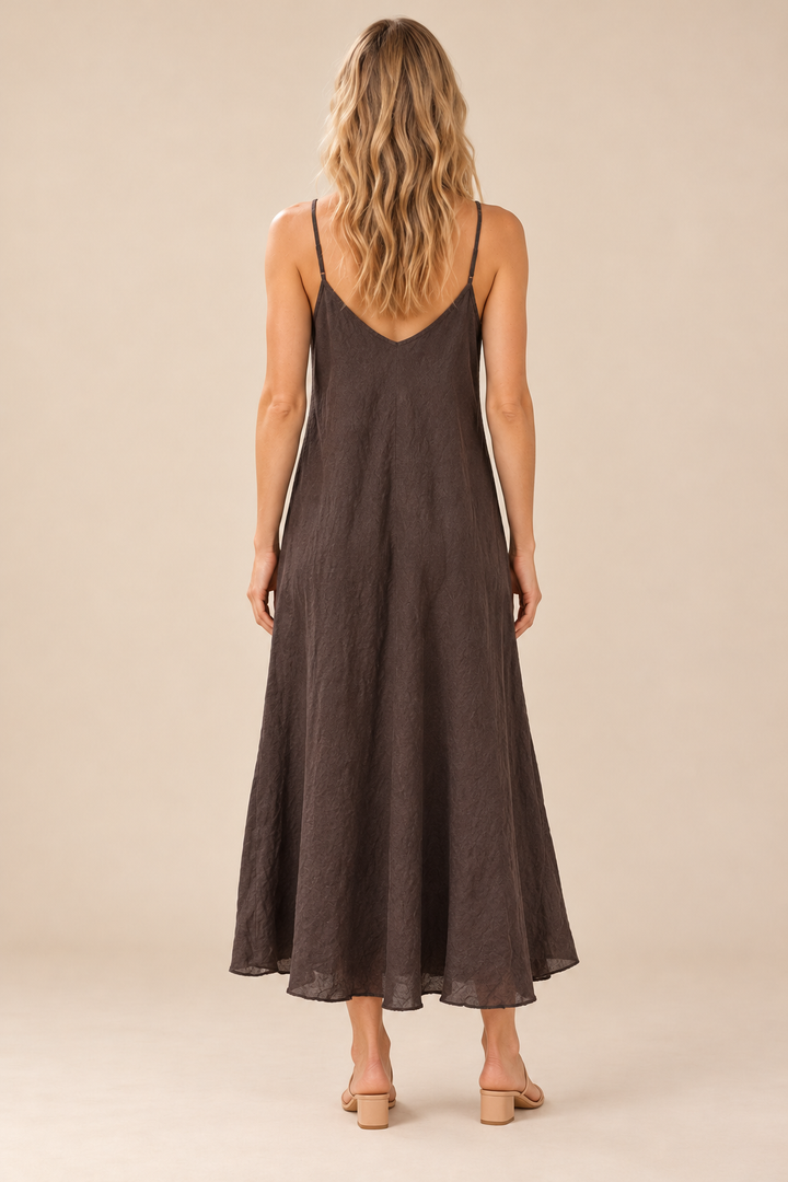 Linen Slip Dress — chocolate brown, full body back view