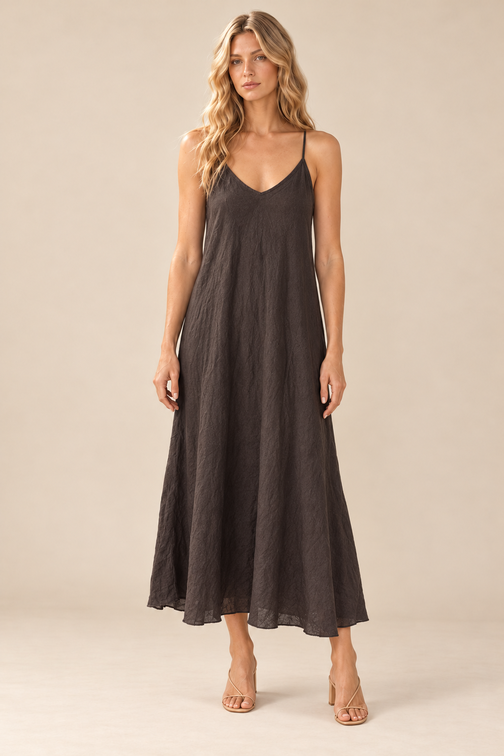 Linen Slip Dress — chocolate brown, full body front view