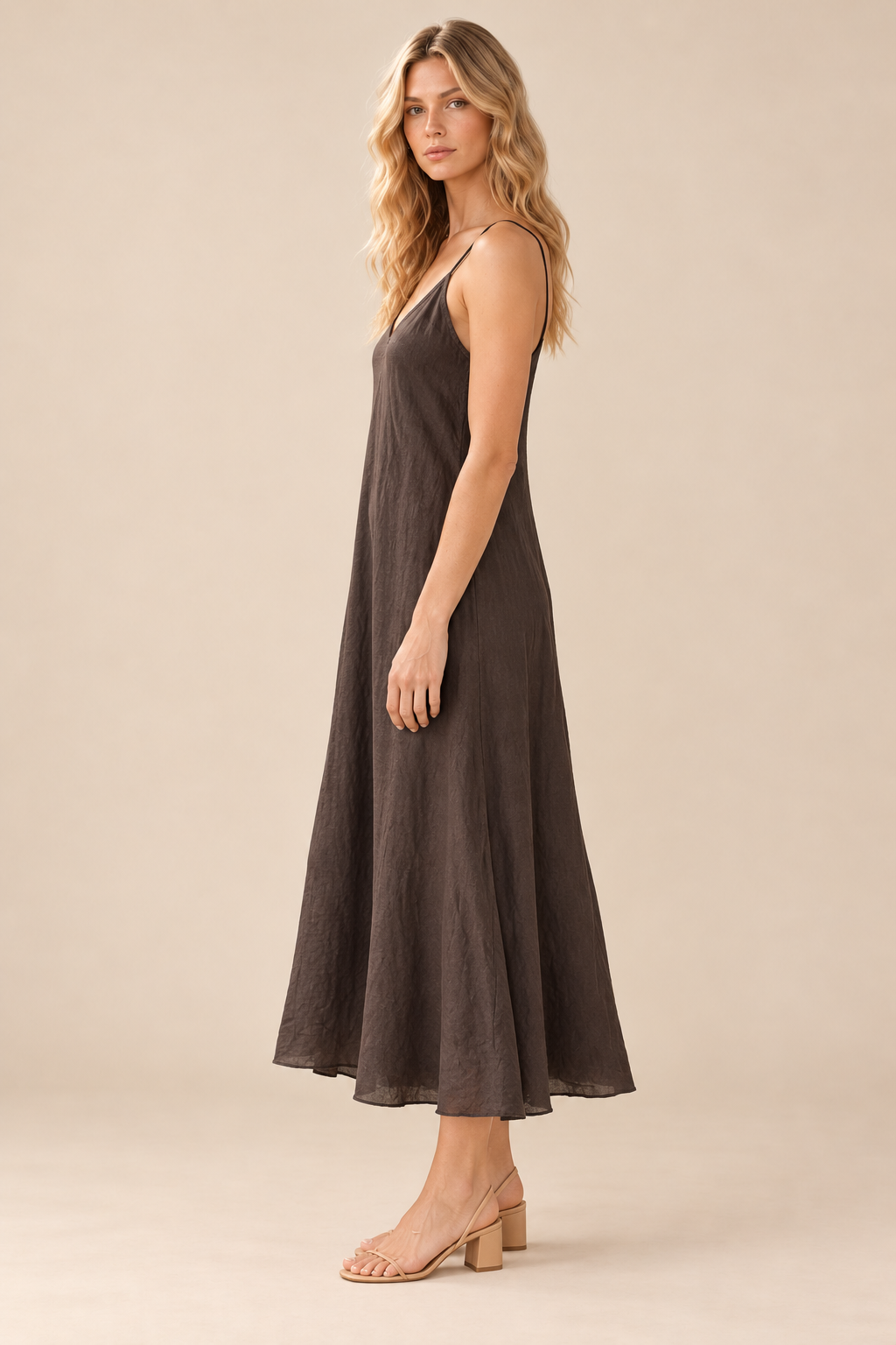 Linen Slip Dress — chocolate brown, full body side view