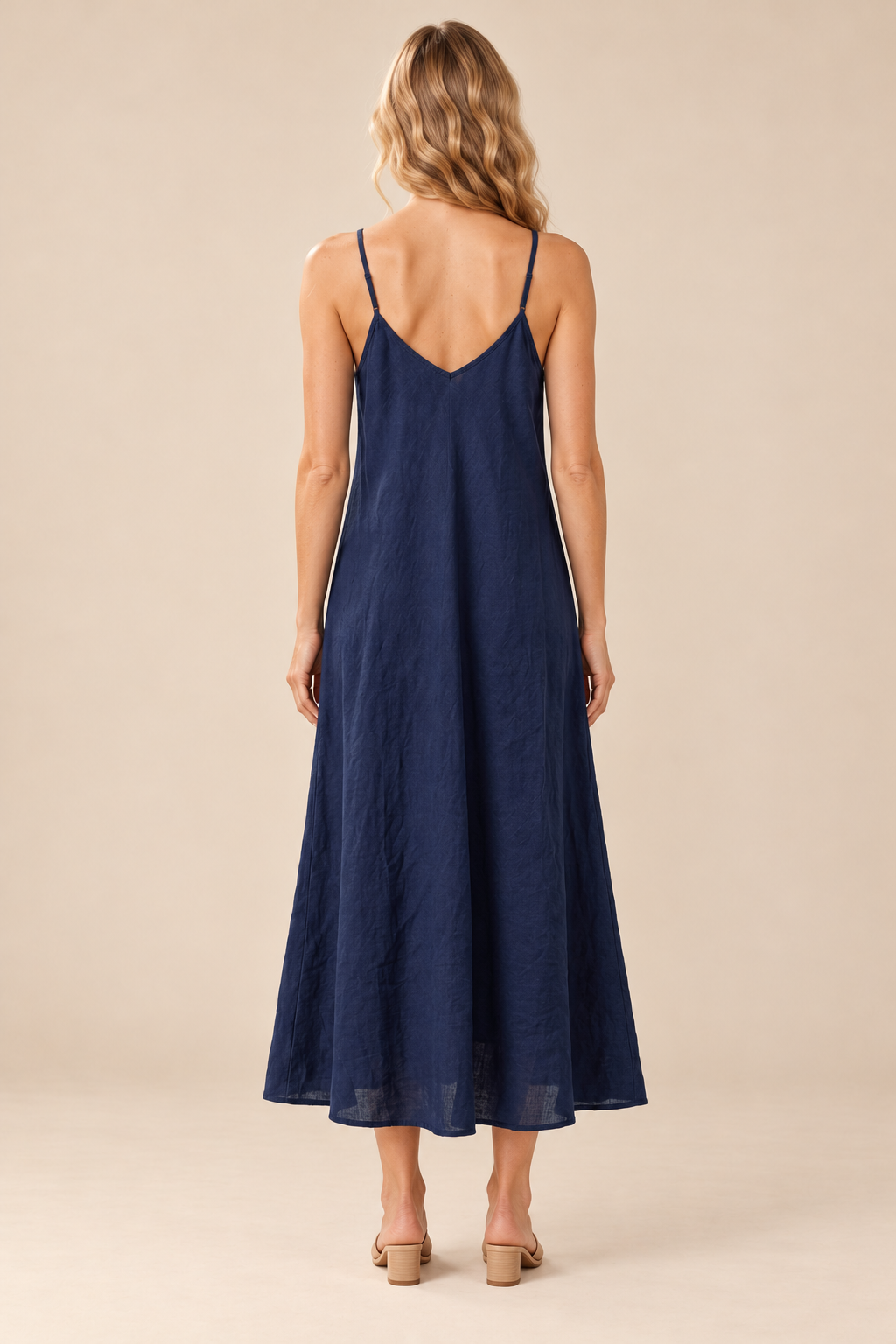 Linen Slip Dress — navy, full body back view