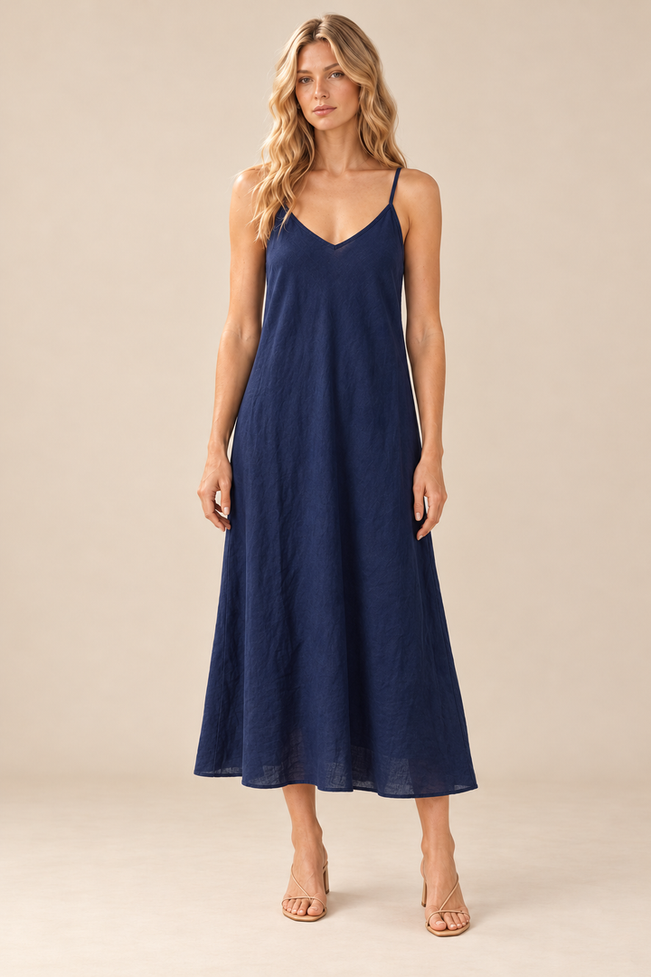 Linen Slip Dress — navy, full body front view