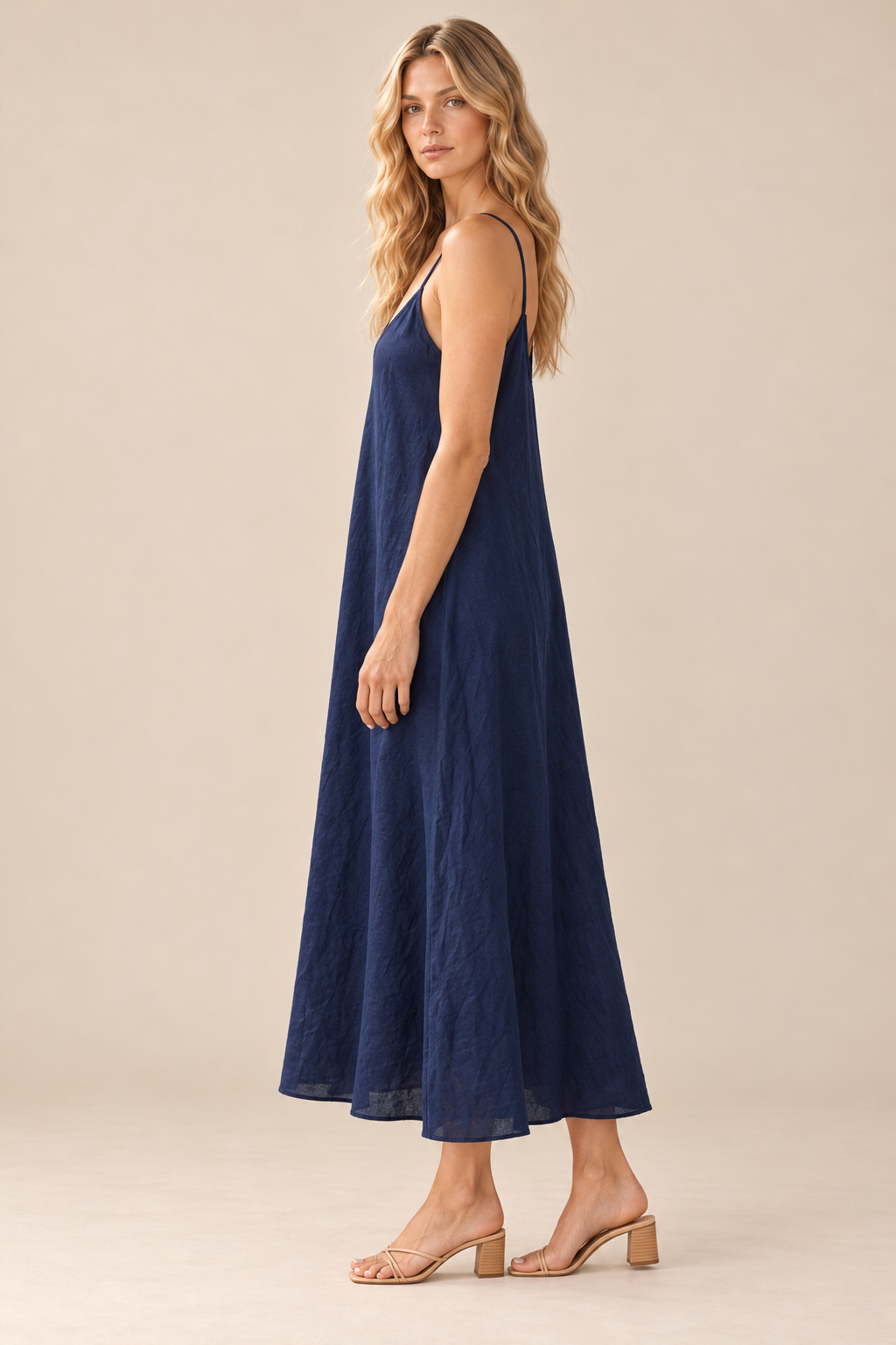 Linen Slip Dress — navy, full body side view