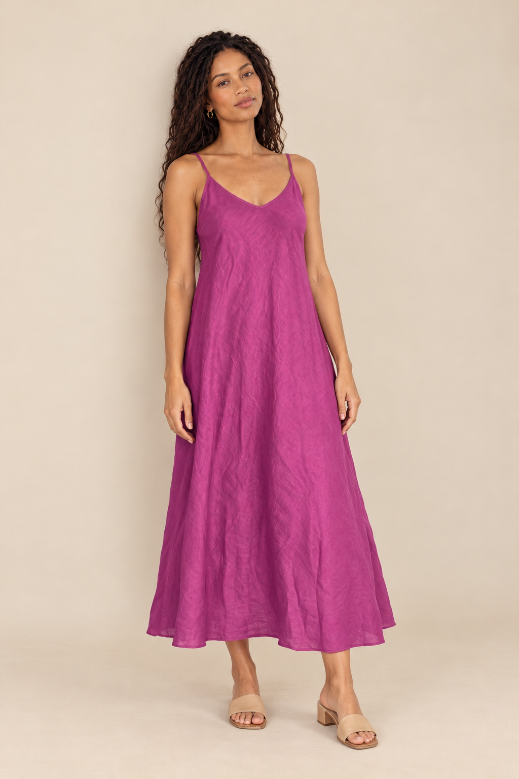 Linen Slip Dress — orchid, full body front view