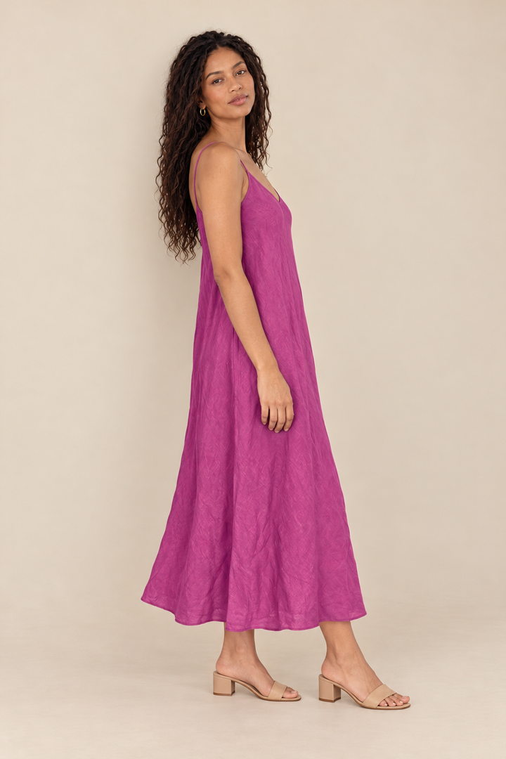 Linen Slip Dress — orchid, full body side view