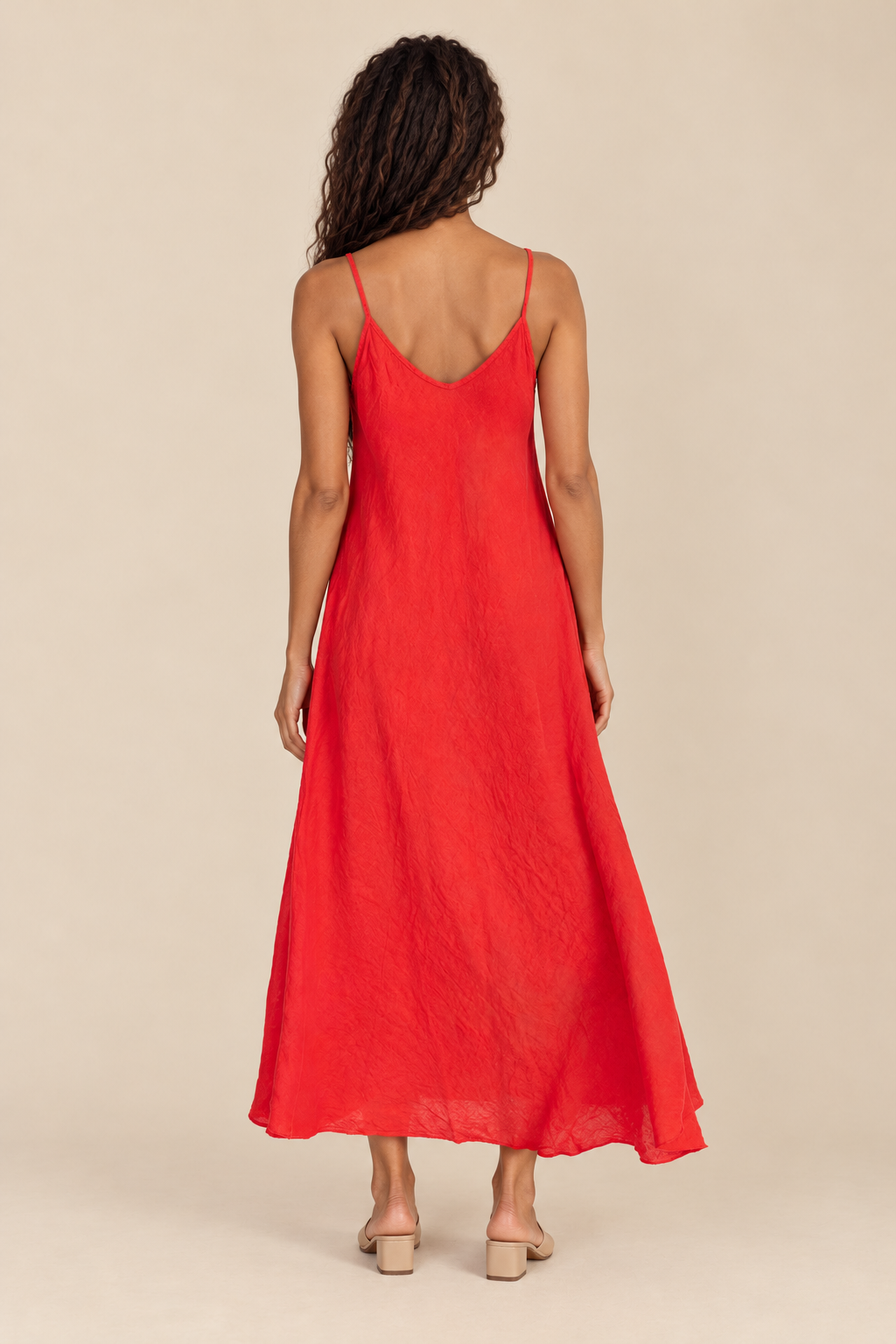 Linen Slip Dress — red flame, full body back view