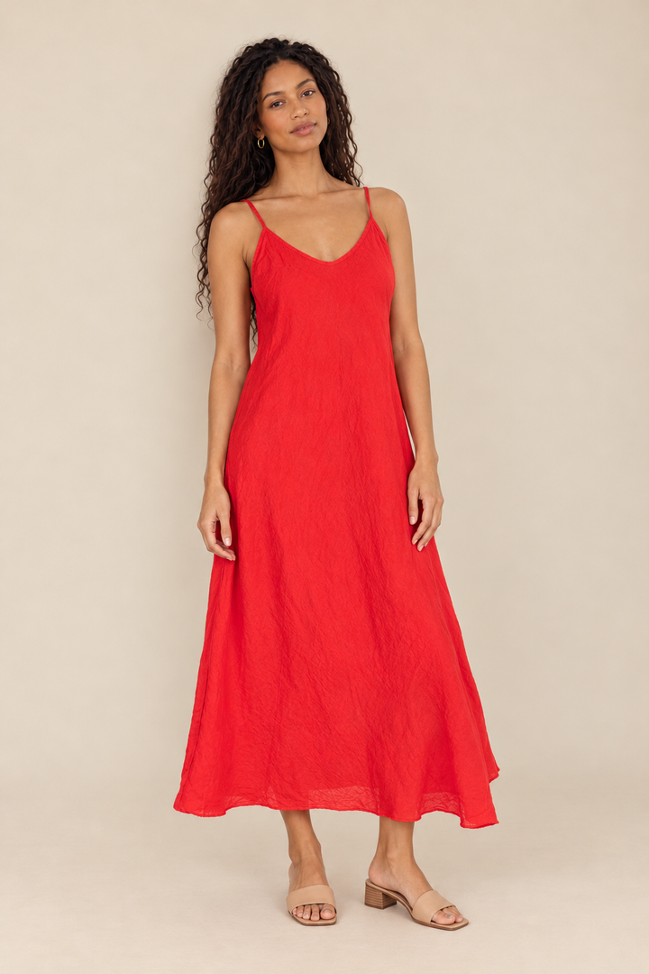 Linen Slip Dress — red flame, full body front view