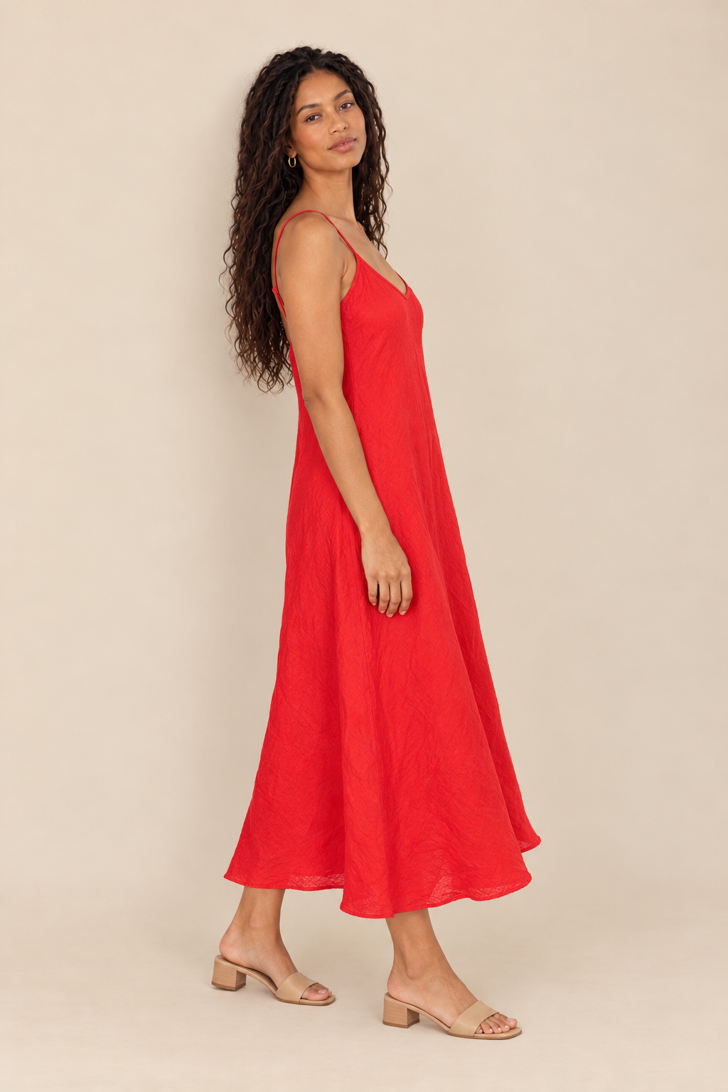 Linen Slip Dress — red flame, full body side view