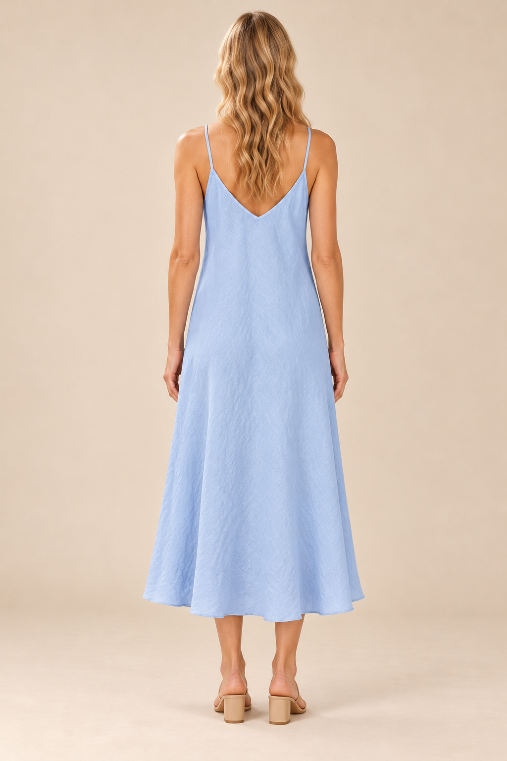 Linen Slip Dress — sky blue, full body back view