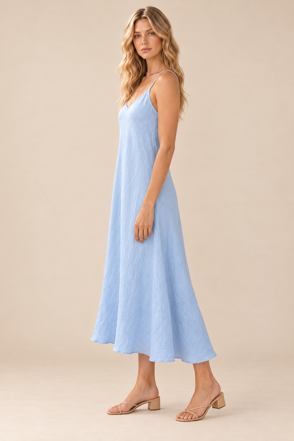 Linen Slip Dress — sky blue, full body side view
