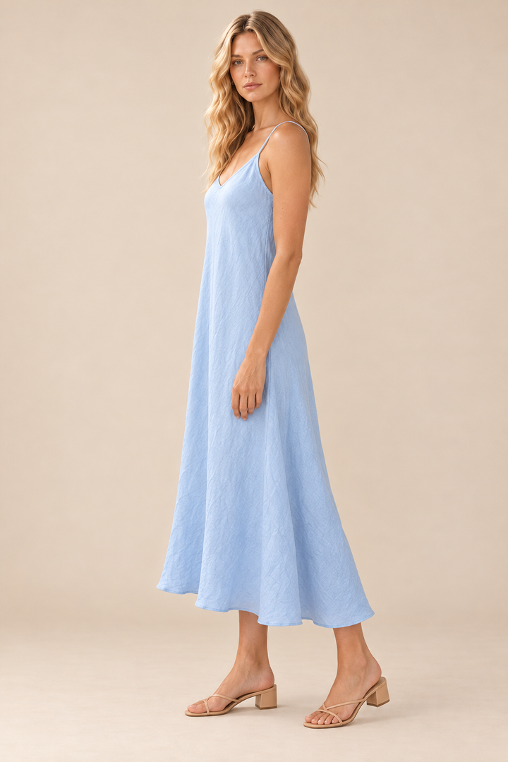 Linen Slip Dress — sky blue, full body side view