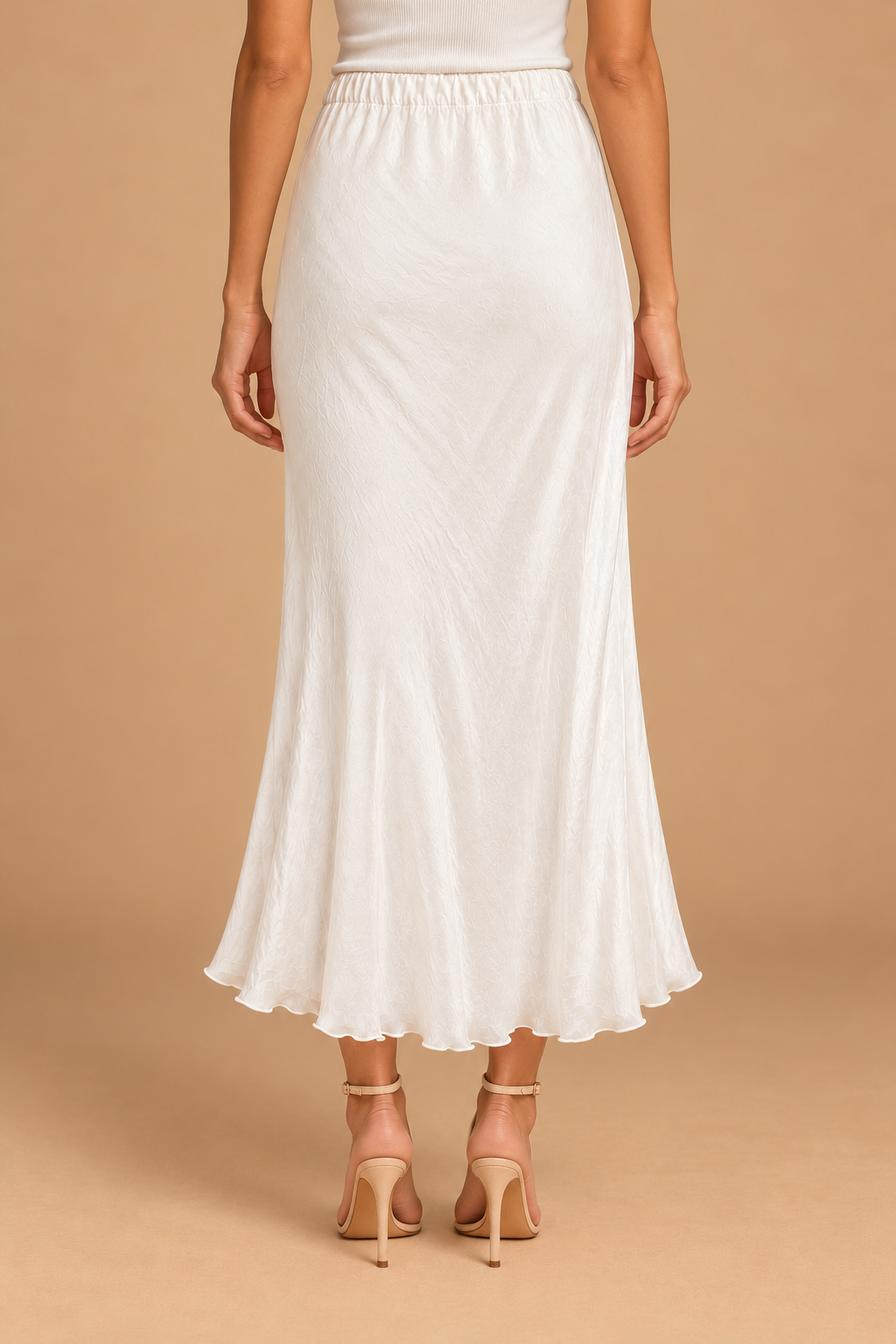 Maeve Silky Midi Skirt — Beige (Ivory), back view with heels