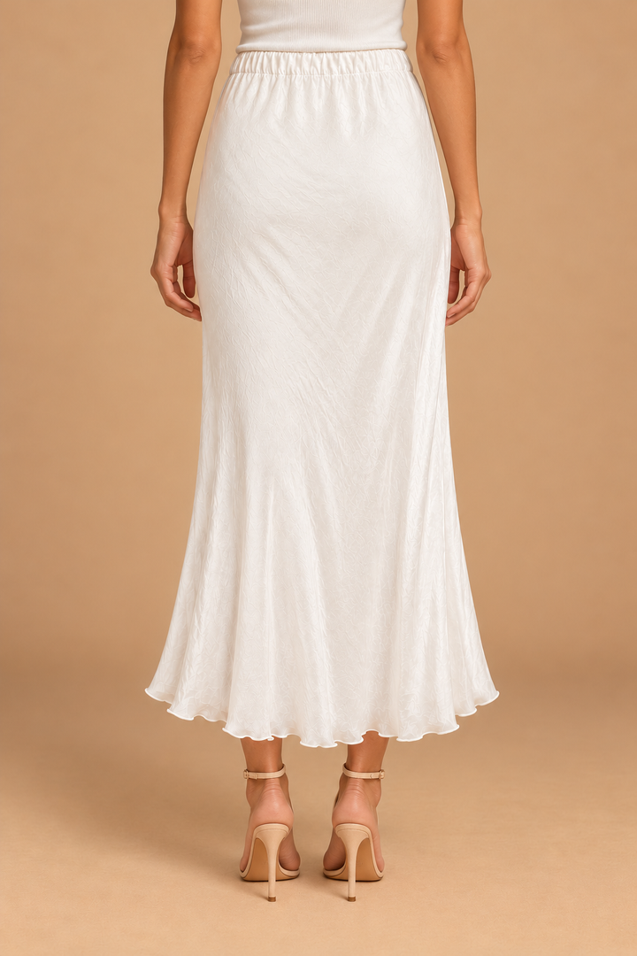 Maeve Silky Midi Skirt — Beige (Ivory), back view with heels