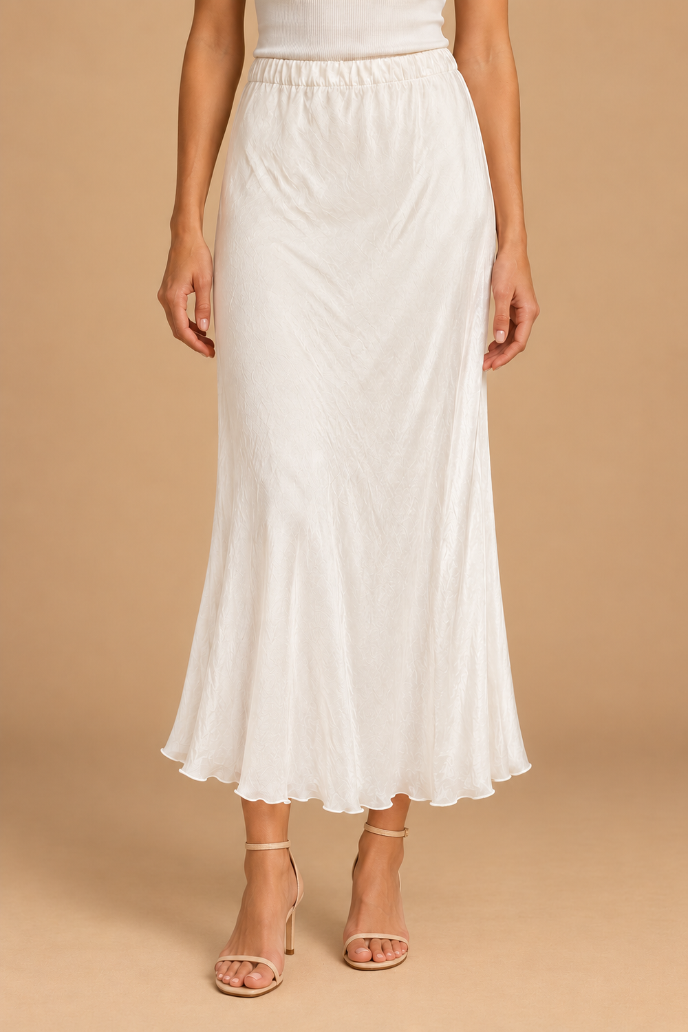 Maeve Silky Midi Skirt — Beige (Ivory), front view with heels