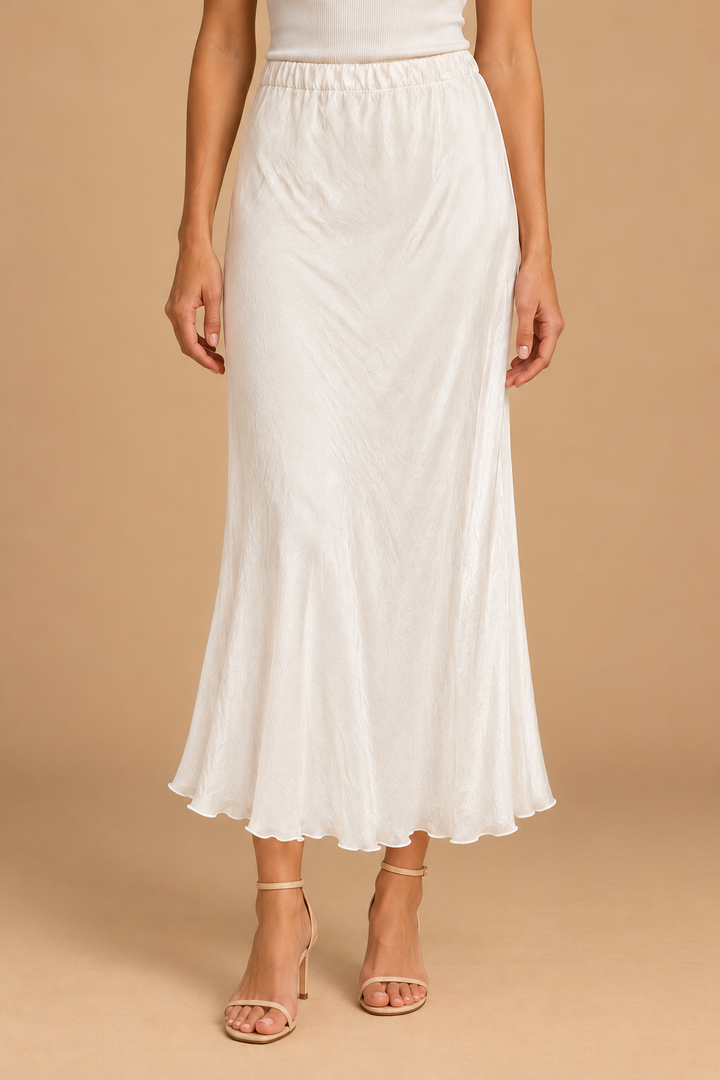 Maeve Silky Midi Skirt — Beige (Ivory), front view with heels